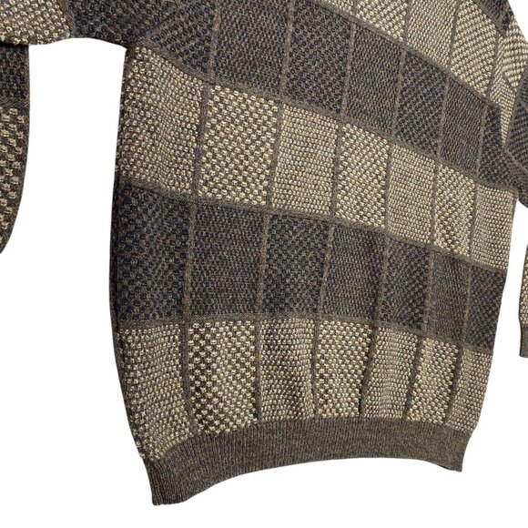 David Taylor Mens XXL Brown Pullover Sweater Knitted Checkerboard Crew Neck 90s - Picture 5 of 16